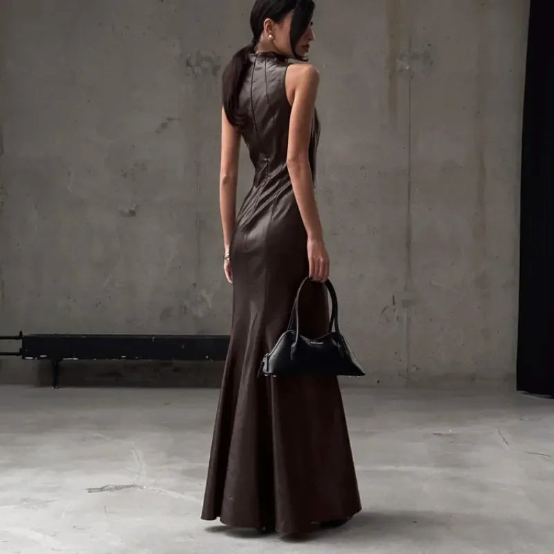 PU Leather Patchwork High Waist Sleeveless Maxi Dress