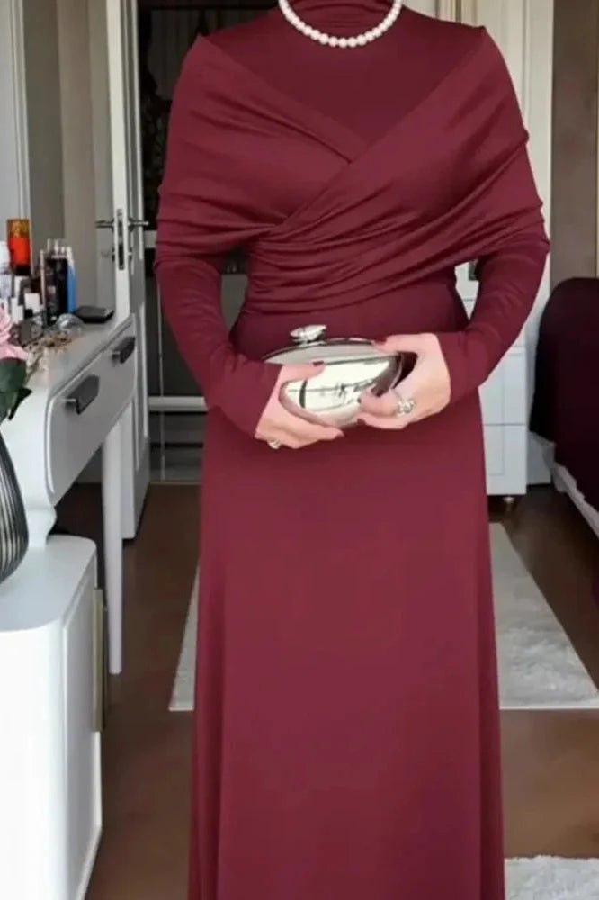 Elegant High Waist Long Sleeve Slim Pleated Irregular Maxi Dress