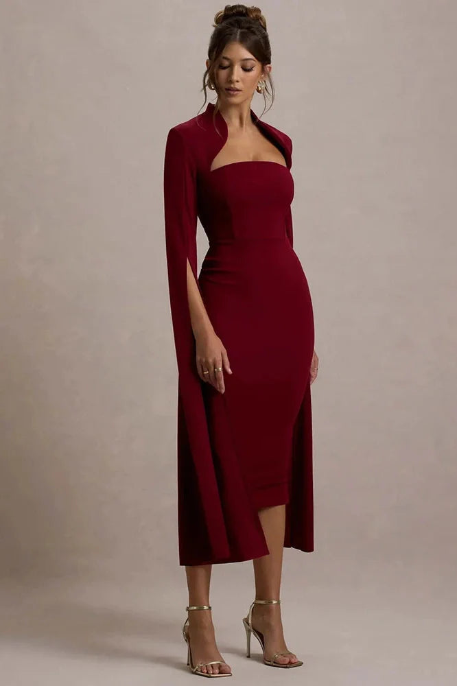Long Sleeve Square Collar Back Slit Bodycon Midi Dress