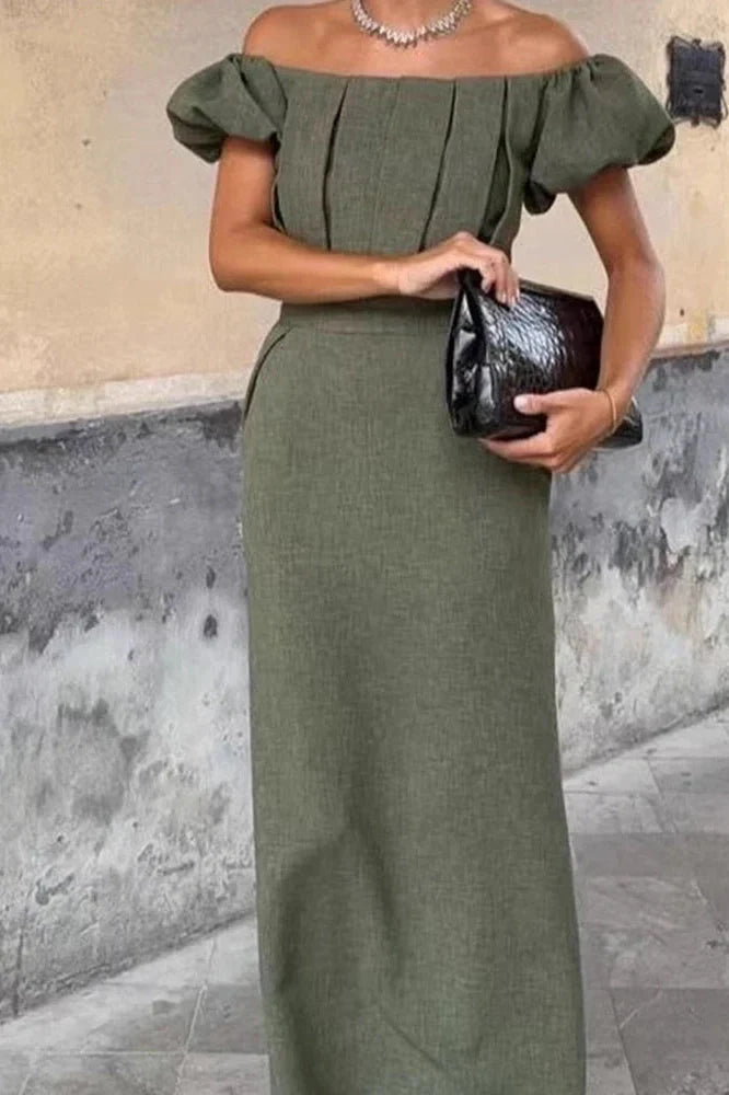 Elegant Slim High Waist Off-Shoulder Puff Sleeve Maxi Dress