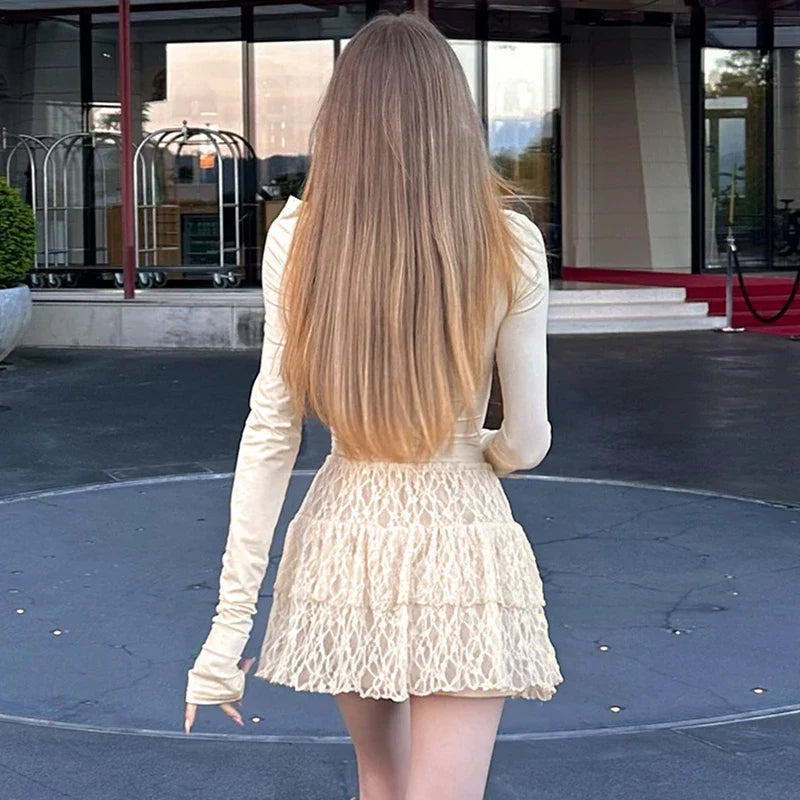 Off Shoulder Elegant Lace Patchwork Long-Sleeved Mini Dress