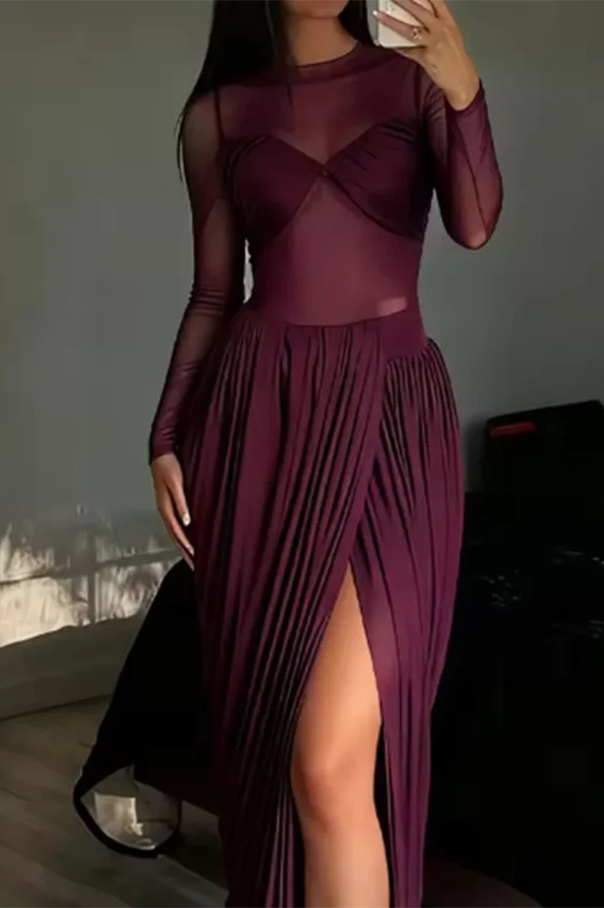 Elegant High Waist O-Neck Pleated Irregular Maxi Dress