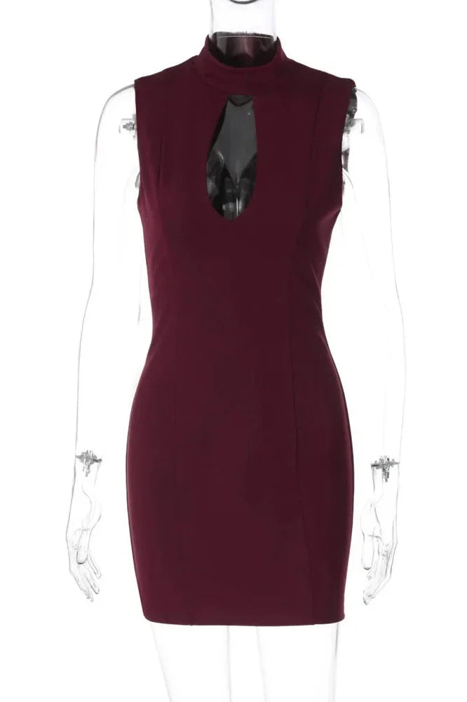 Hollow Out Sleeveless High Collar Bodycon Mini Dress
