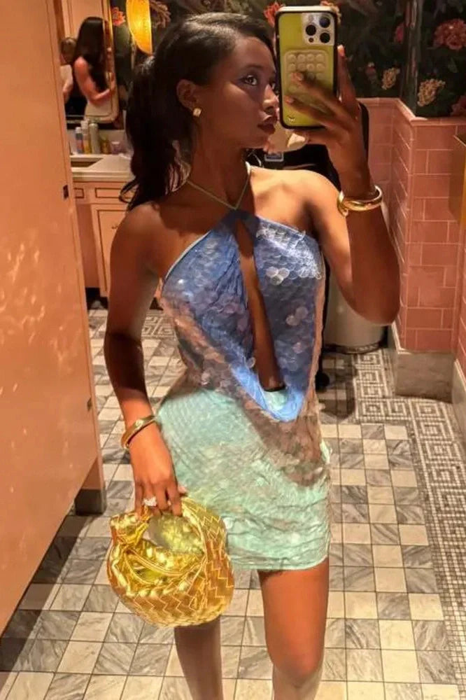 Hollow Out Patchwork Sleeveless Backless High Waist Mini Dress