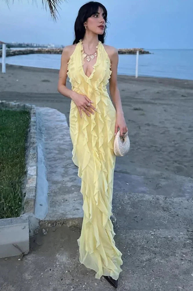 Off-Shoulder V Neck Sleeveless Backless Bodycon Maxi Dress