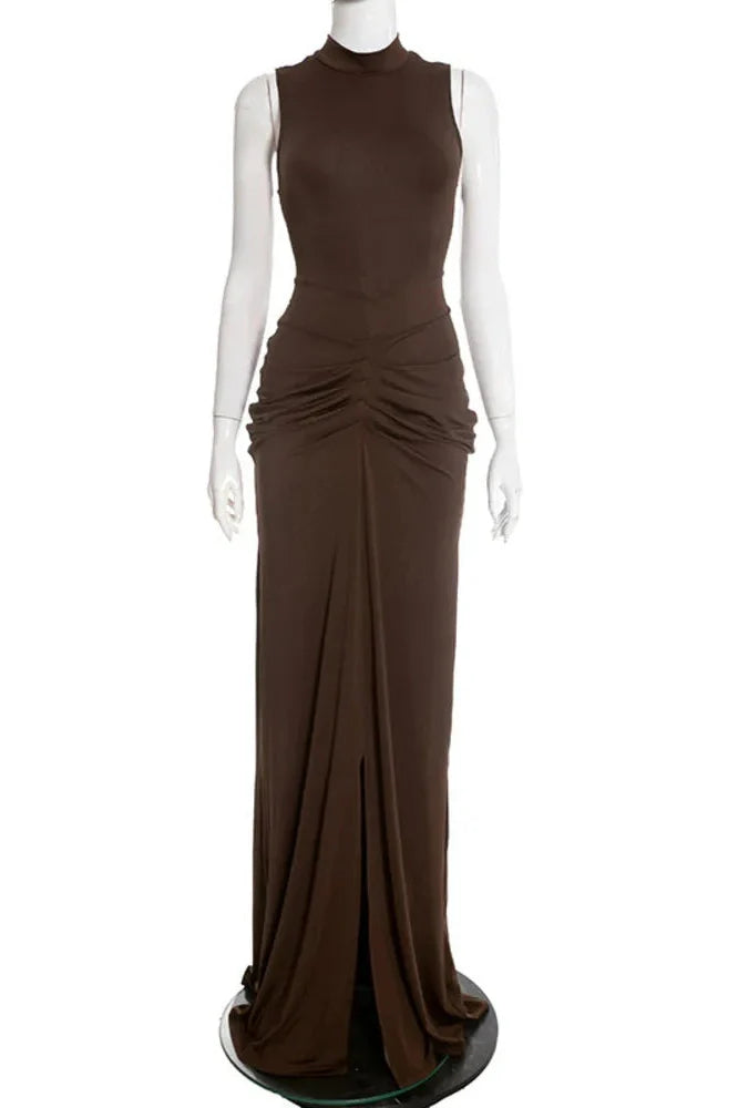 High Collar Sleeveless High Waist Split Maxi Dress