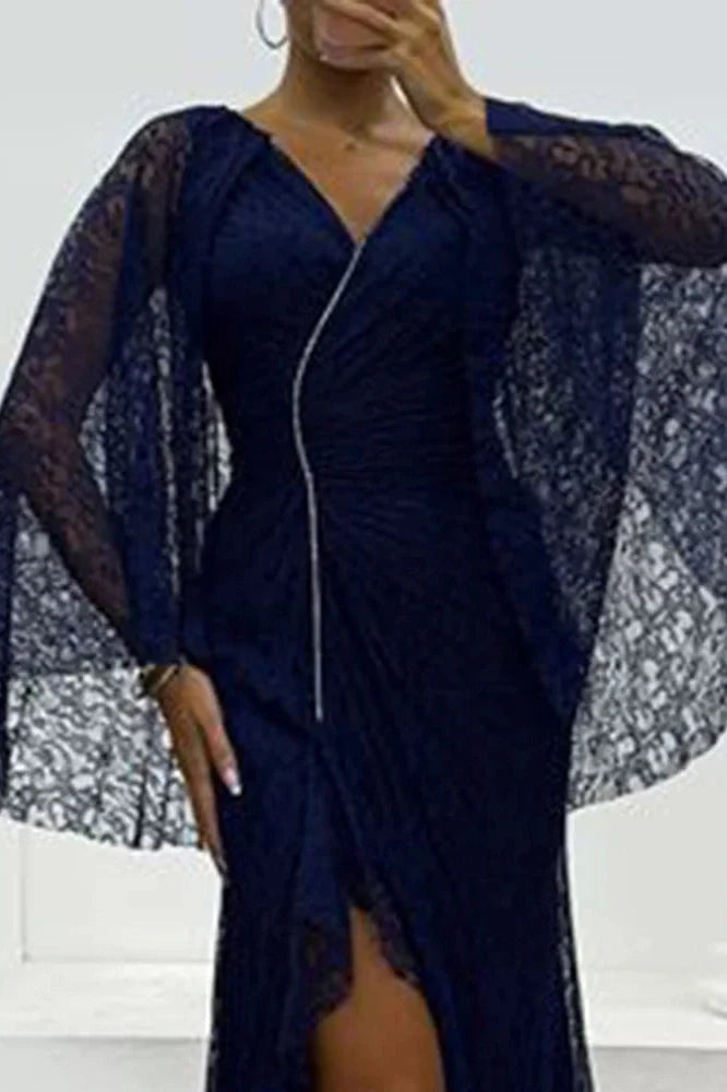 Hollow Lace Embroidery V-Neck Slim Split High Waist Maxi Dress
