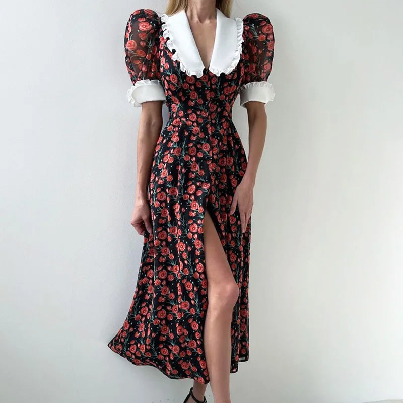 V Neck Printed Split High Waist Maxi Dress