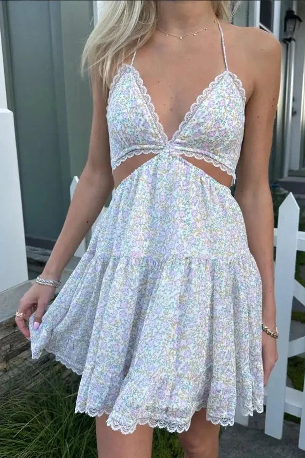 Spaghetti Strap Backless Lace Mini Dress