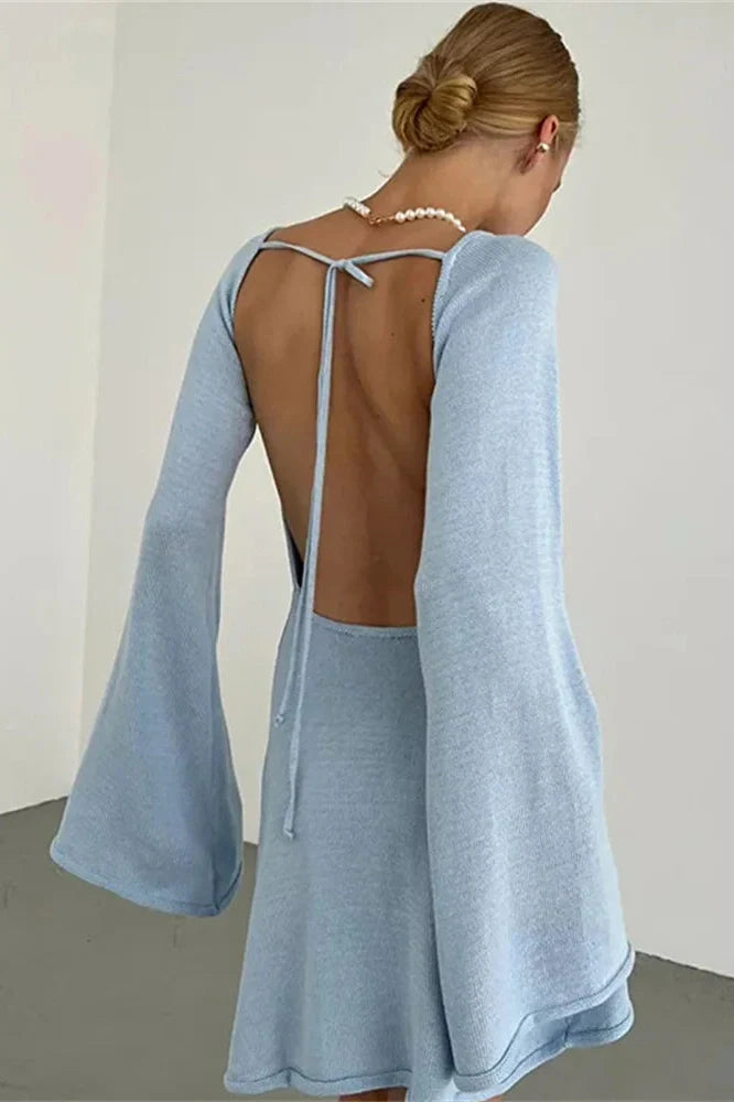 Backless Lace-Up Long Sleeve High Waist Mini Dress