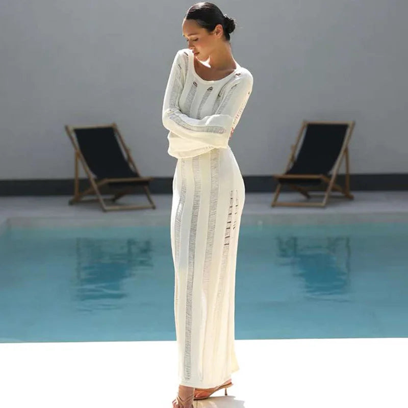 Hollow Out See Through Backless Round Neck Maxi Dress