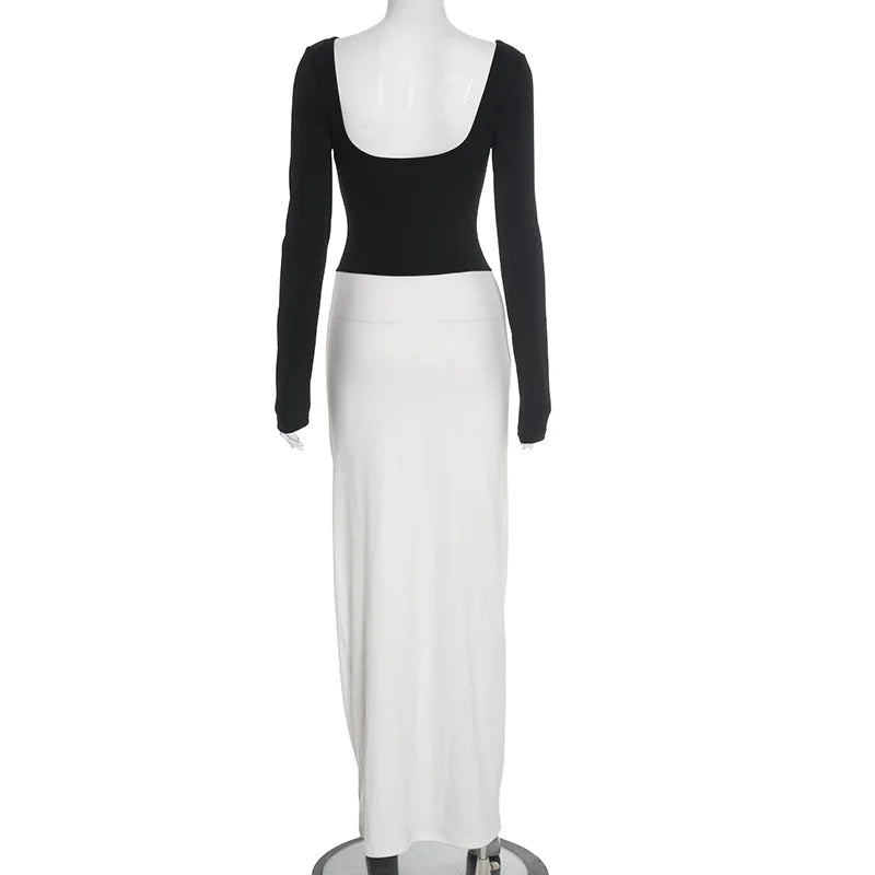Backless Round Neck Patchwork Long Sleeve Maxi Dress