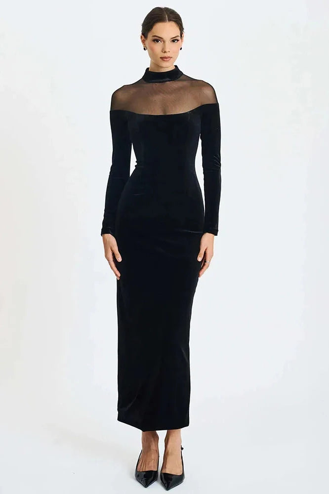 Off-Shoulder Long Sleeve High Collar Backless Bodycon Maxi Dress