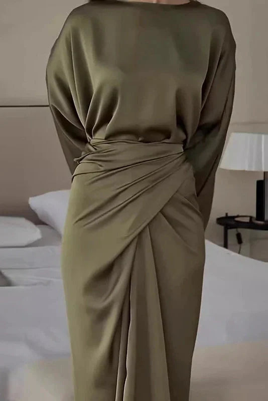 Elegant Tie-up Waisted O Neck Sleeves Maxi Dress