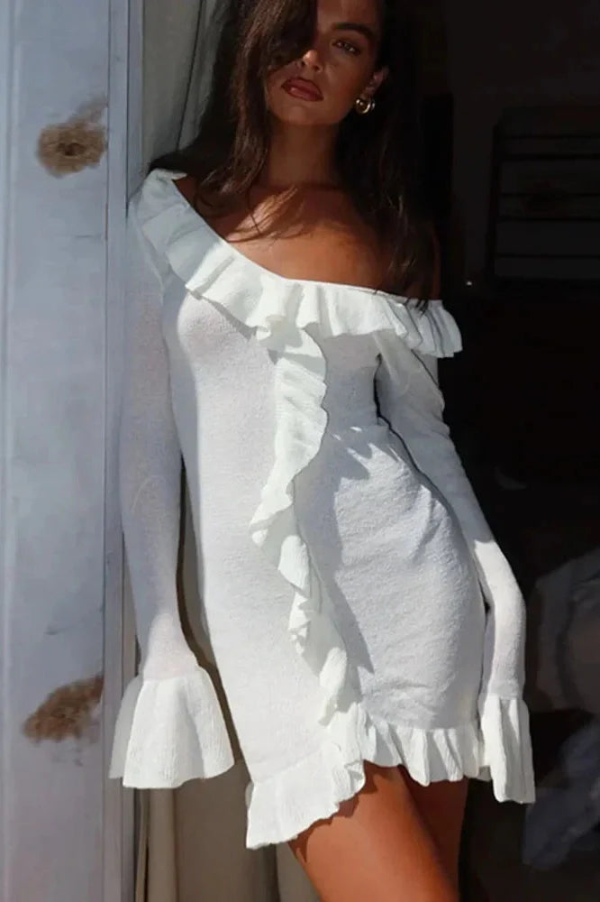 Elegant Knitted Long Sleeve Slim V Neck Mini Dress