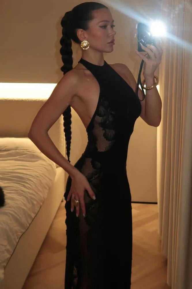 Lace Printed Backless Patchwork Off-Shoulder Sleeveless Bodycon Maxi Dress