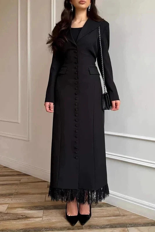 Long Sleeve Single Breasted V-Neck Lace Maxi Dress