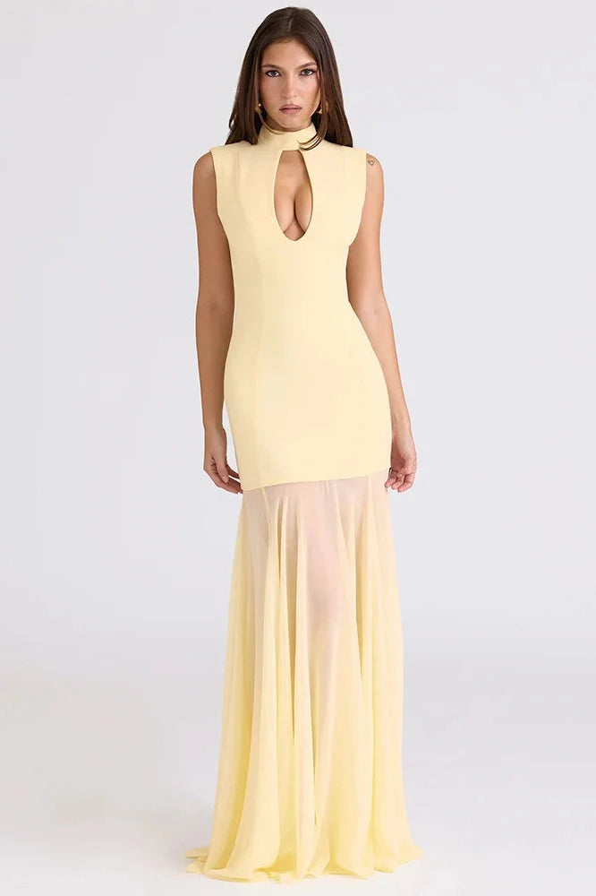 Hollow Out Sleeveless High Collar High Waist Bodycon Maxi Dress