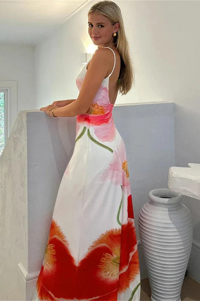Printed Spaghetti Straps Backless Maxi Dress