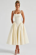 Plaid Printed Spaghetti Strap High Waist A-line Backless Midi Dress