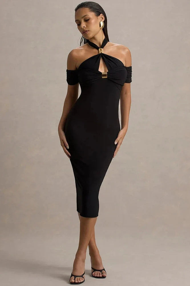 Hollow Out Backless Off-Shoulder Sleeveless Midi Dress