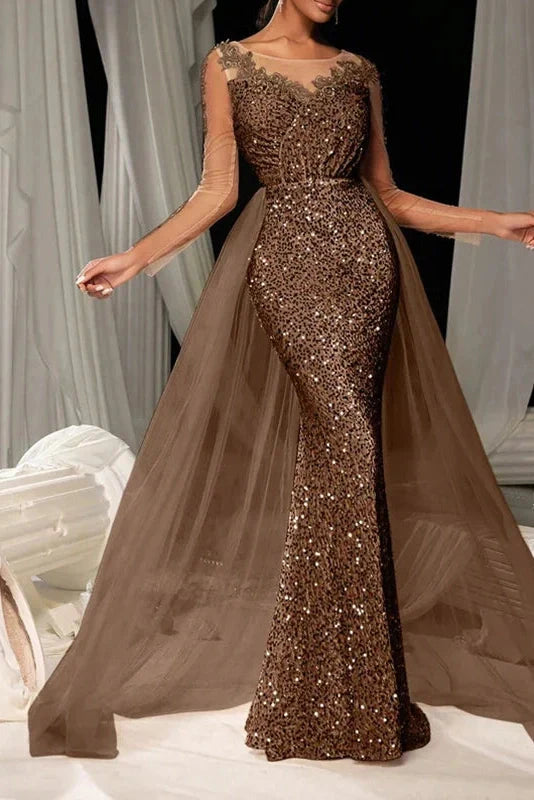 Elegant High Waist Long Sleeve Slim V-Neck Lace Maxi Dress