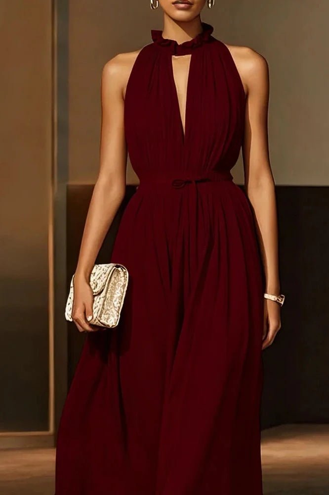 Elegant Off-Shoulder Sleeveless High Waist Backless Pleated Midi Dress