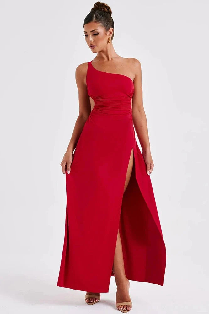One Shoulder Diagonal Collar Backless Maxi Dress