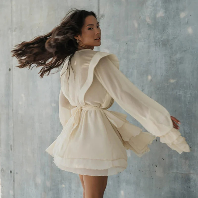 See-Through Long Sleeve Lace Up Mini Dress