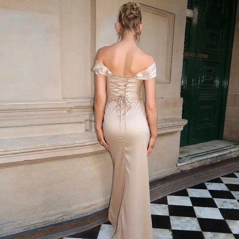 Off Shoulder Lace Up Slim Sleeveless Maxi Dress