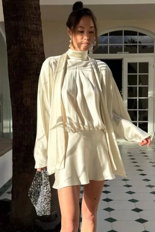 Elegant Lace-Up Loose Long Sleeves Mini Dress