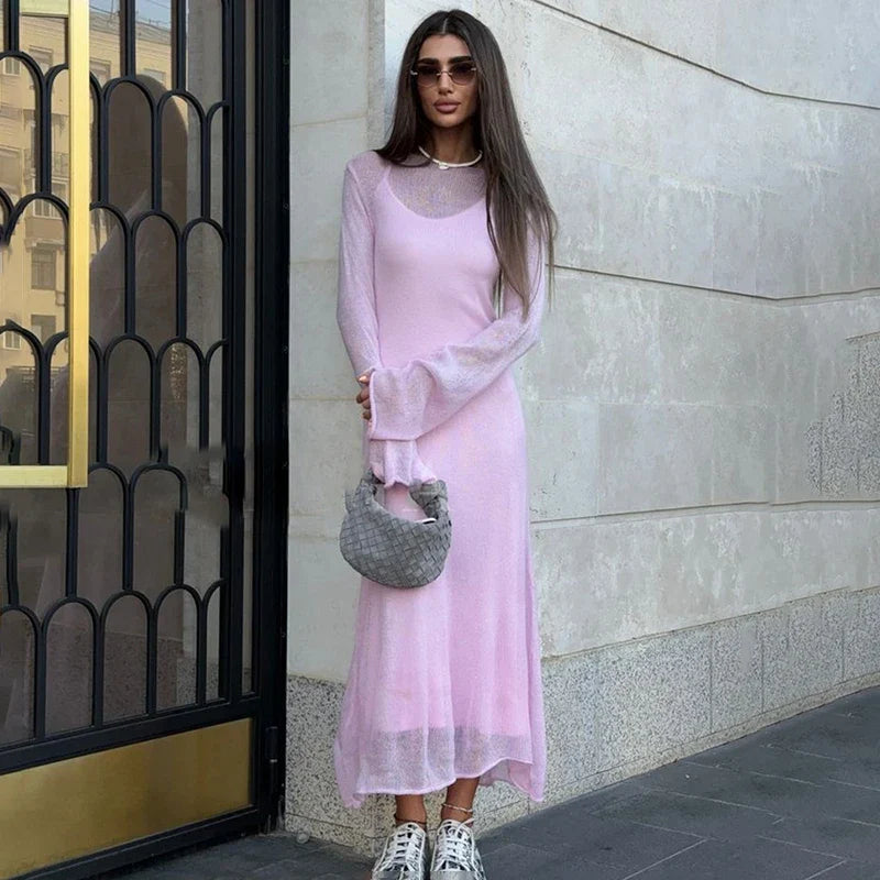 See Through Loose Long Sleeve Knitted Maxi Dress