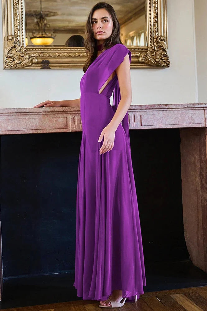 Deep V Neck Sleeveless Backless High Split Maxi Dress