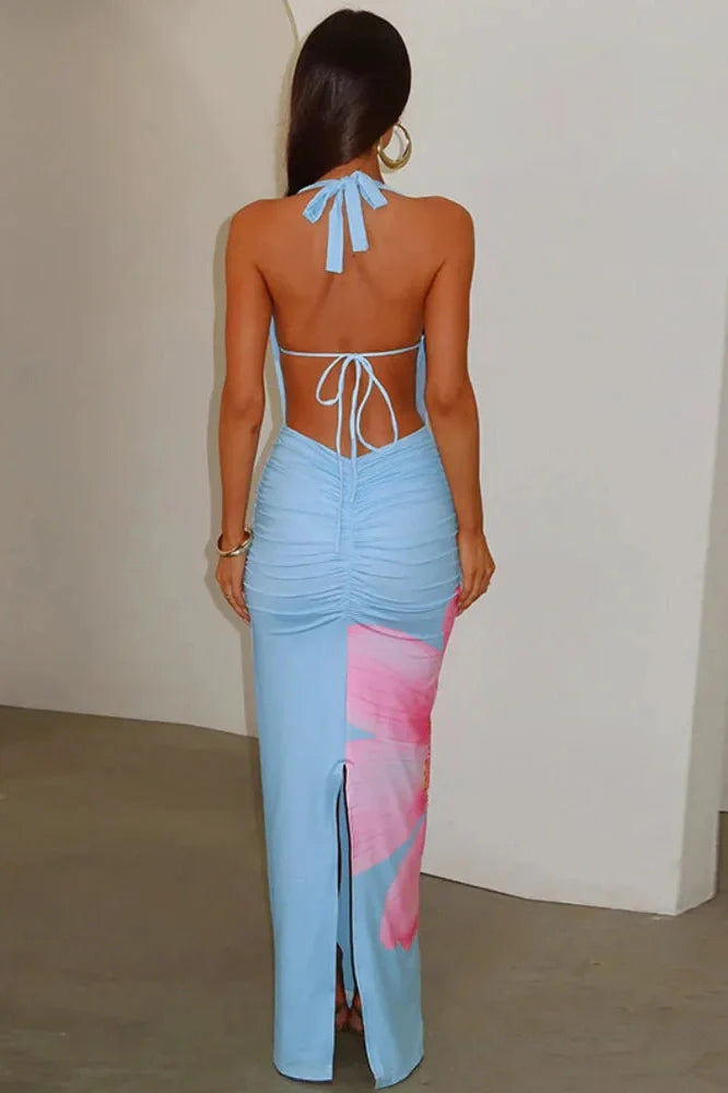 Printed Backless Sleeveless Split Bodycon Maxi Dress