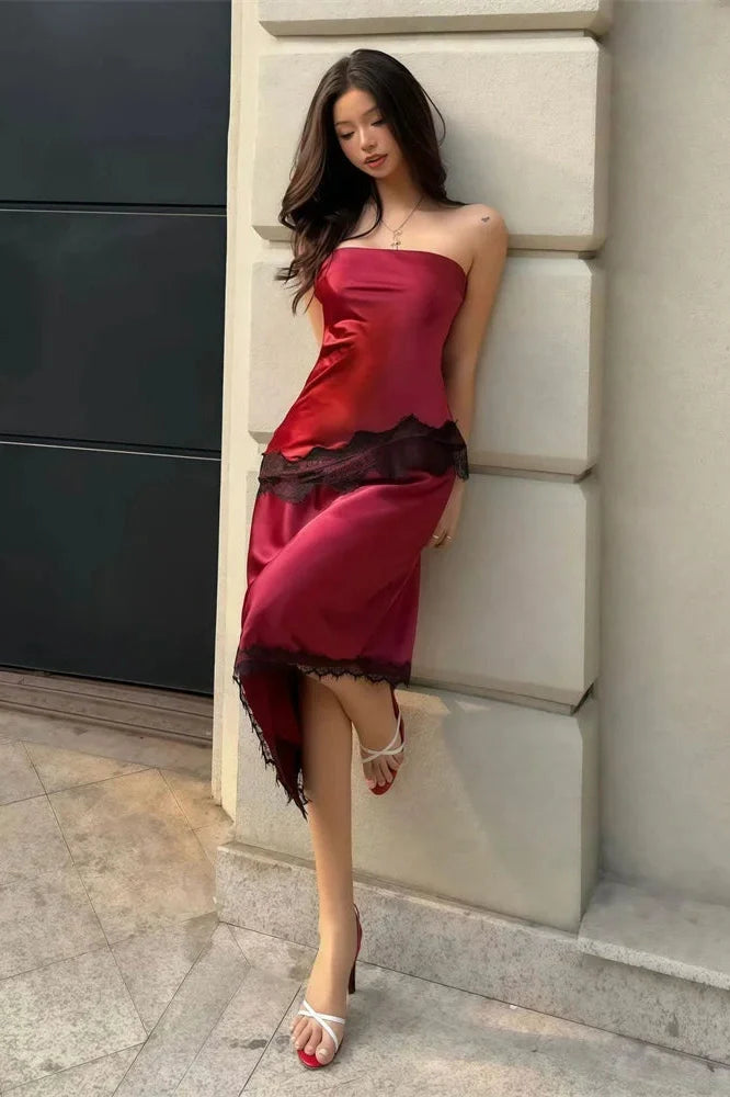 Lace Patchwork Slim High Waist Backless Midi Dress