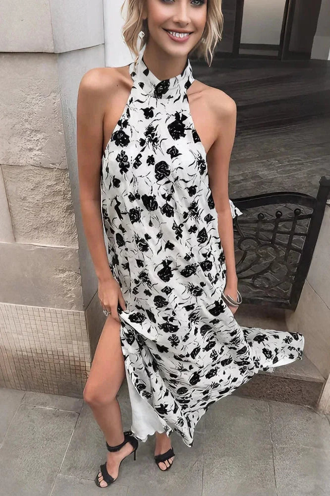 Printed Backless Sleeveless Slim Lace-Up Maxi Dress