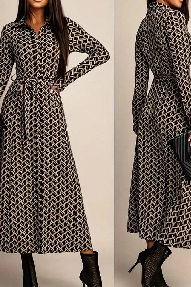 Printed High Waist Long Sleeve Pleat Midi Dress