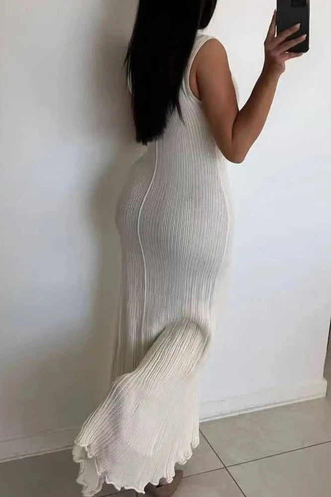 Elegant Hollow Out Lace Up Slim Knitted Sleeveless Maxi Dress