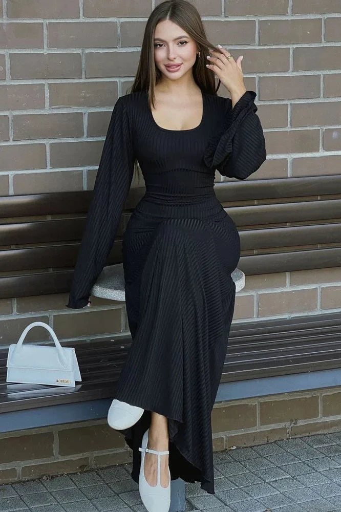 Lace-Up Long Sleeve Slim Loose Maxi Dress