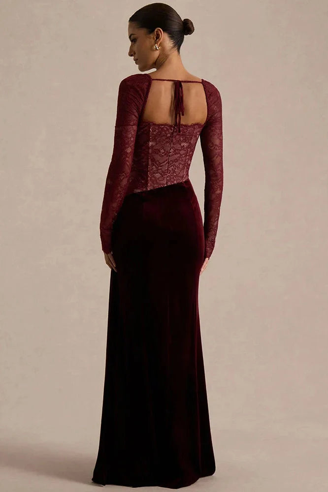 Lace Velvet Square-Neck See Through Long Sleeve Split Maxi Dress