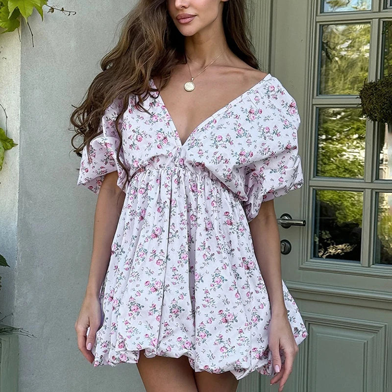 Printed Deep V-Neck Puff Sleeve Lace-Up Mini Dress
