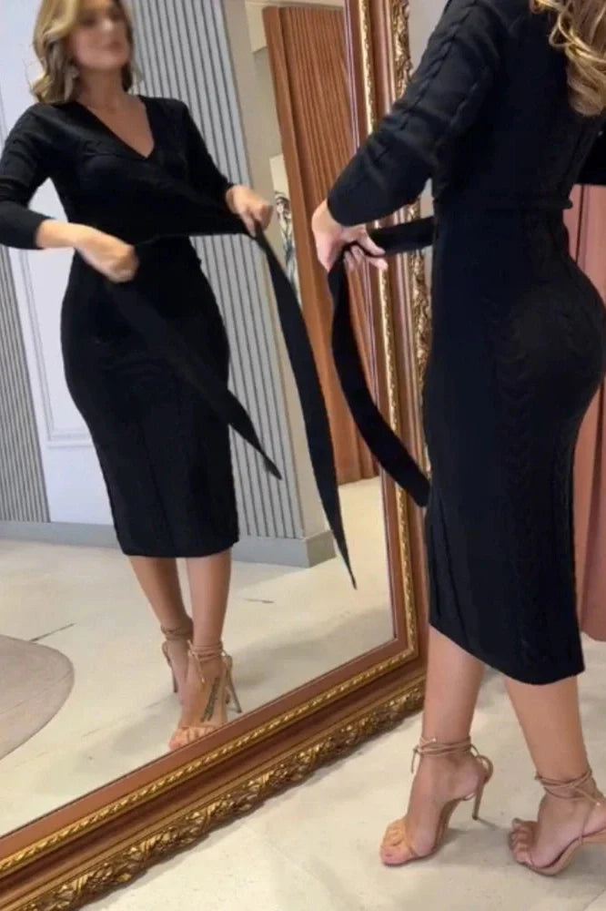 Long Sleeve Slim High Waist V-Neck Midi Dress