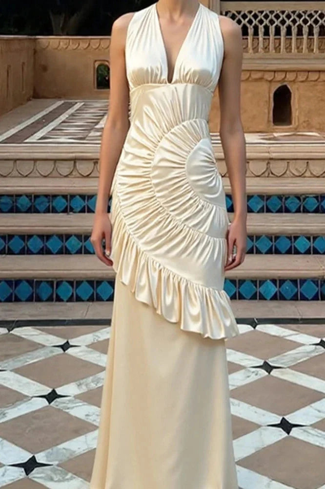 Elegant Backless Off-Shoulder Fit High Waist Pleated Irregular Maxi Dress