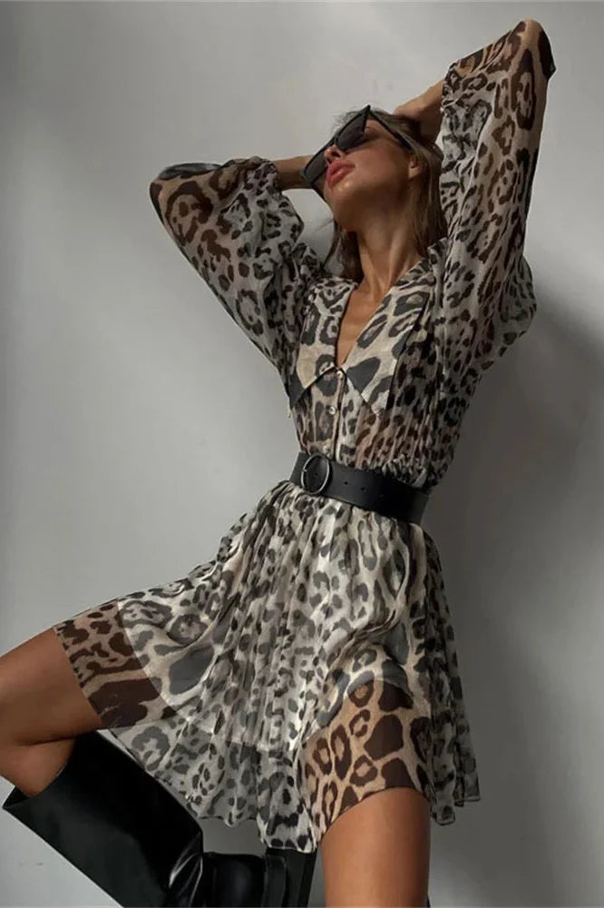 V-Neck Printed See-Through Long Sleeve Mini Dress