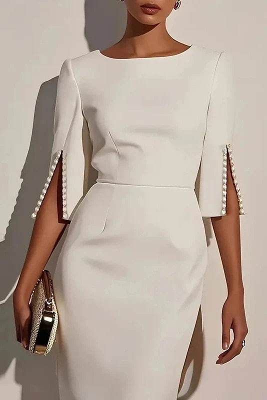Elegant O Neck Split Half Sleeve Slim Midi Dress