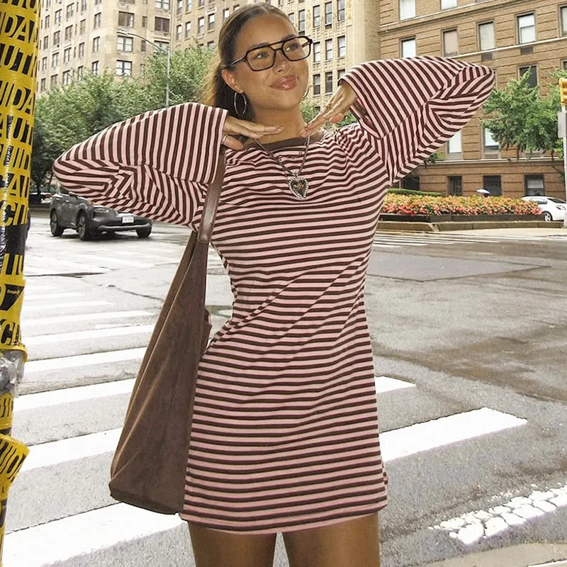 Striped Printed Elegant Long Sleeve Mini Dress