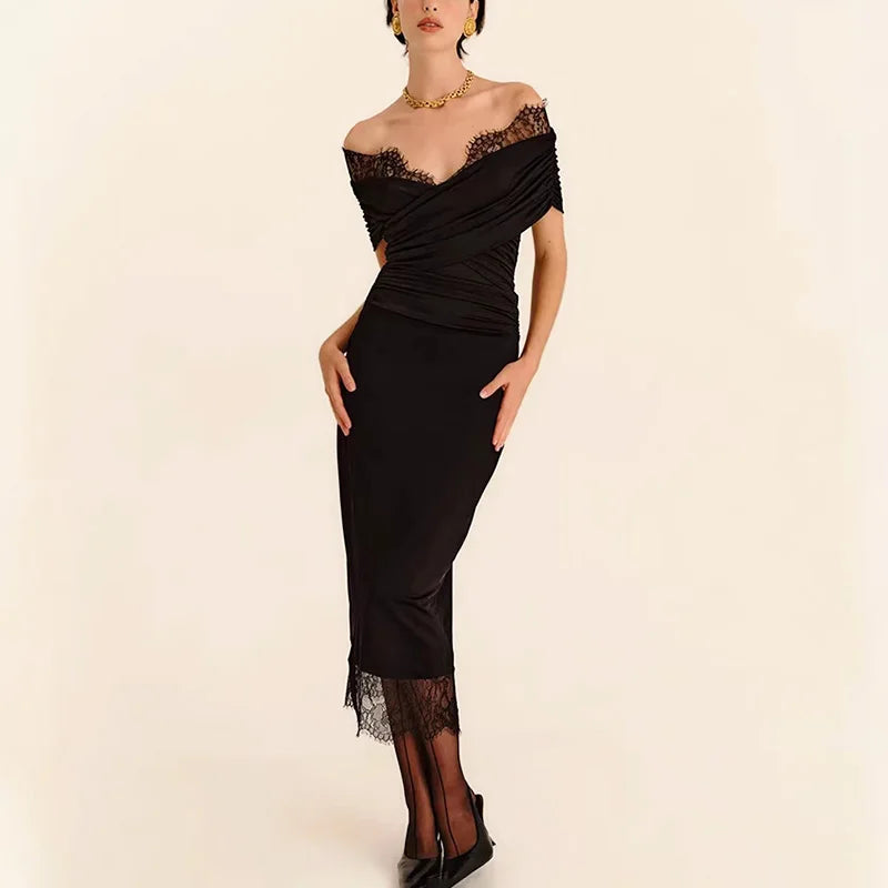 Lace Patchwork Off Shoulder Split Backless Maxi Dress