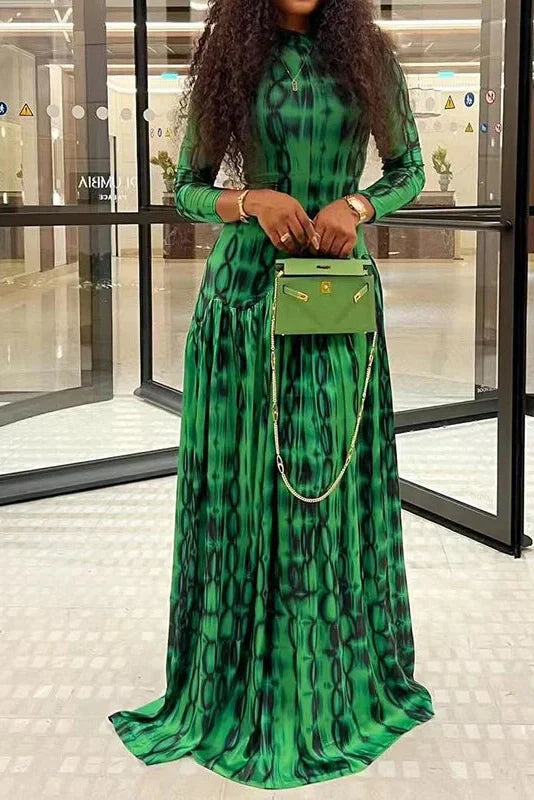 Printed Long Sleeve Slim High Waist Pleated Maxi Dress