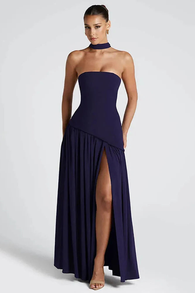 Off-Shoulder Scarf Collar Strapless Sleeveless High Split Maxi Dress
