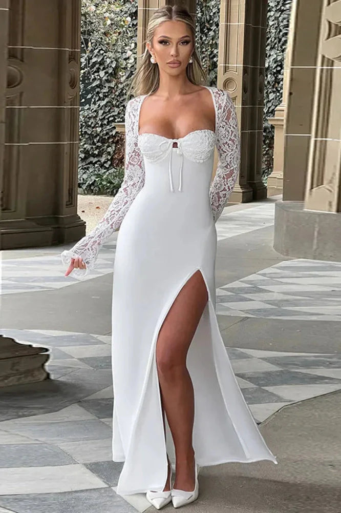 Lace Long Sleeve Square Collar Backless Maxi Dress